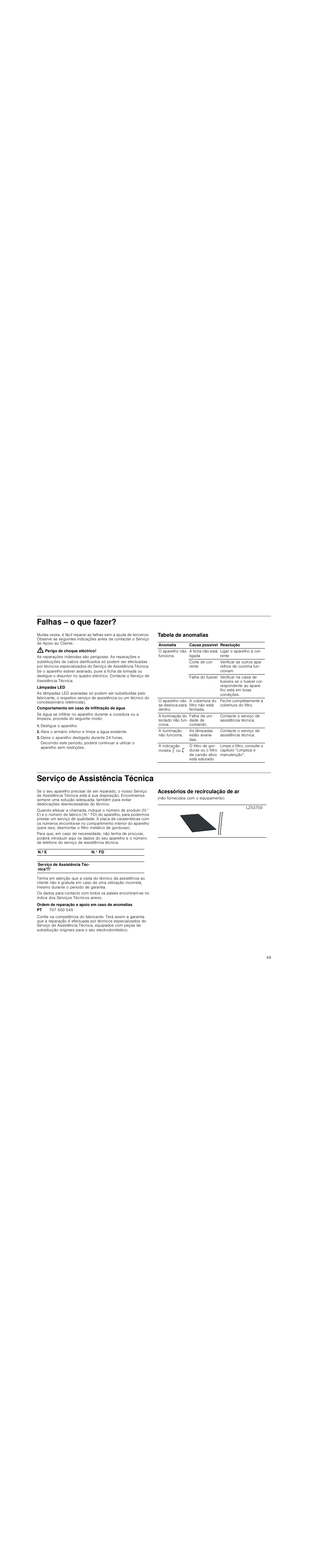 Falhas – o que fazer, Perigo de choque eléctrico, Desligue o aparelho | Abra o armário inferior e limpe a água existente, Deixe o aparelho desligado durante 24 horas, Tabela de anomalias, Serviço de assistência técnica, Ordem de reparação e apoio em caso de anomalias, Acessórios de recirculação de ar | Siemens LD97AA670 User Manual | Page 49 / 96