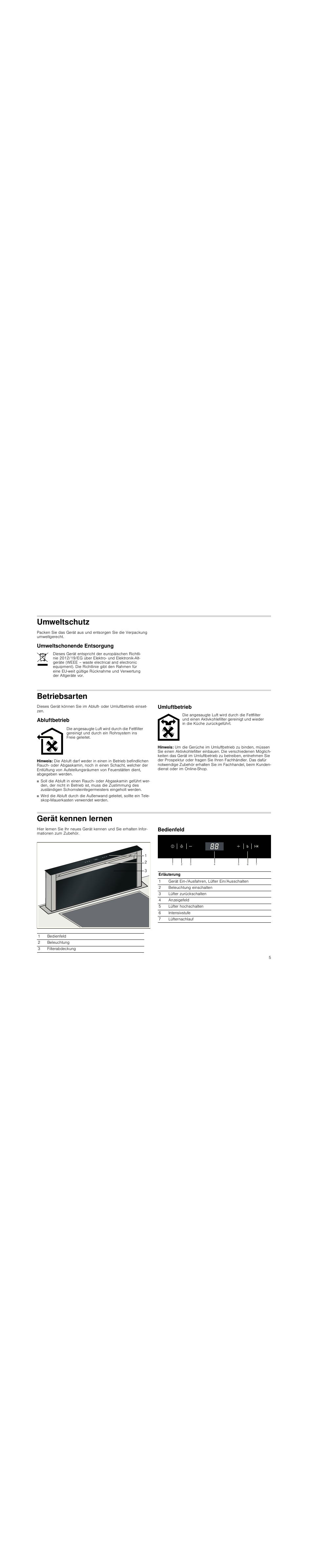 Umweltschutz, Umweltschonende entsorgung, Betriebsarten | Abluftbetrieb, Hinweis, Umluftbetrieb, Gerät kennen lernen, Bedienfeld | Siemens LD97AA670 User Manual | Page 5 / 96