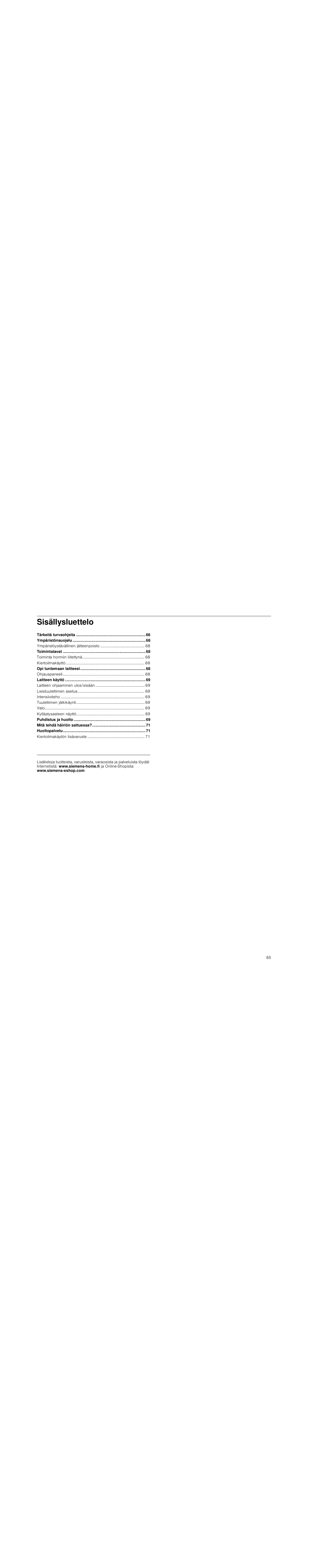 Sisällysluettelokäyttöohje, Sisällysluettelo | Siemens LD97AA670 User Manual | Page 65 / 96