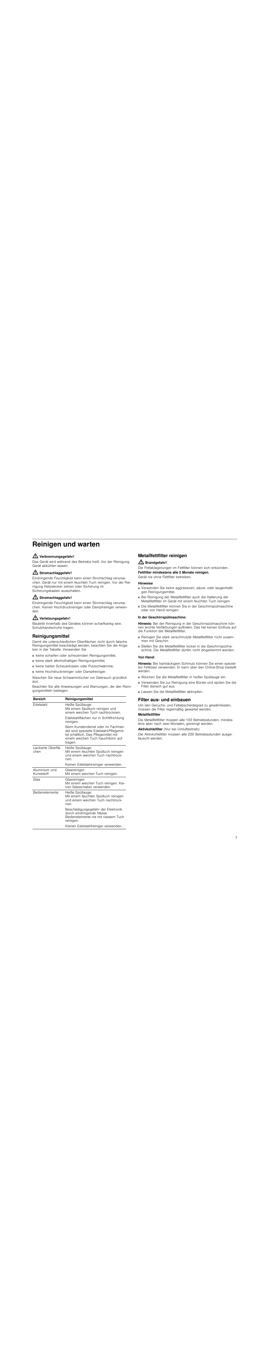 Reinigen und warten, Verbrennungsgefahr, Stromschlaggefahr | Verletzungsgefahr, Reinigungsmittel, Metallfettfilter reinigen, Brandgefahr, Hinweise, In der geschirrspülmaschine, Hinweis | Siemens LD97AA670 User Manual | Page 7 / 96