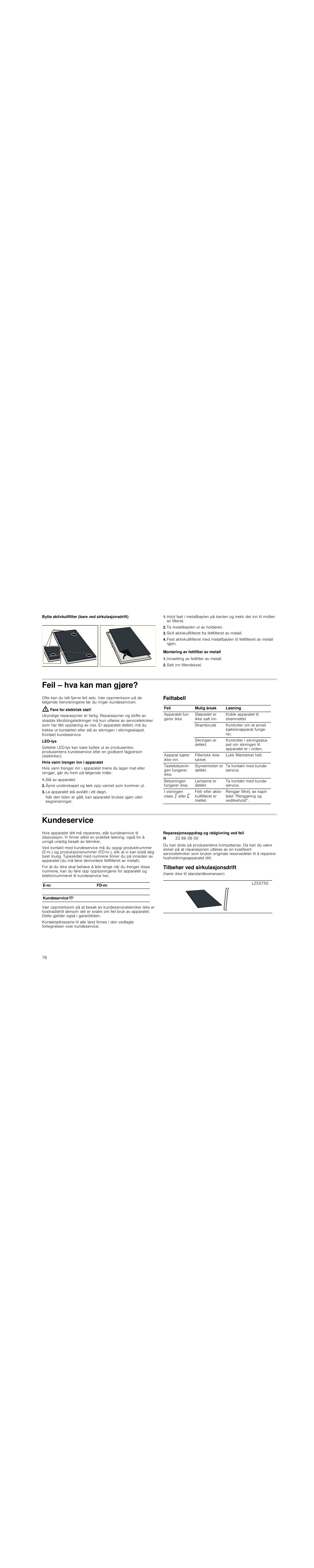 Bytte aktivkullfilter (bare ved sirkulasjonsdrift), Ta metallbøylen ut av holderen, Skill aktivkullfilteret fra fettfilteret av metall | Montering av fettfilter av metall, Innsetting av fettfilter av metall, Sett inn filterdeksel, Feil – hva kan man gjøre, Fare for elektrisk støt, Slå av apparatet, Åpne underskapet og tørk opp vannet som kommer ut | Siemens LD97AA670 User Manual | Page 78 / 96