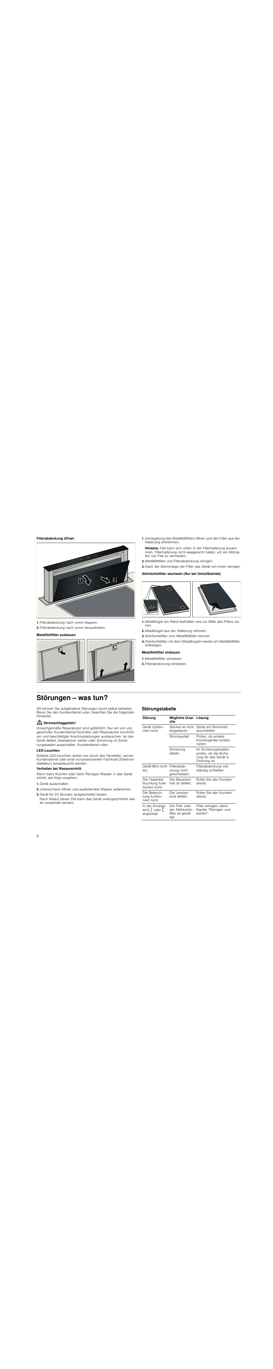 Filterabdeckung öffnen, Filterabdeckung nach vorne klappen, Filterabdeckung nach vorne herausheben | Metallfettfilter ausbauen, Hinweis, Metallfettfilter und filterabdeckung reinigen, Aktivkohlefilter wechseln (nur bei umluftbetrieb), Metallbügel aus der halterung nehmen, Aktivkohlefilter vom metallfettfilter trennen, Metallfettfilter einbauen | Siemens LD97AA670 User Manual | Page 8 / 96