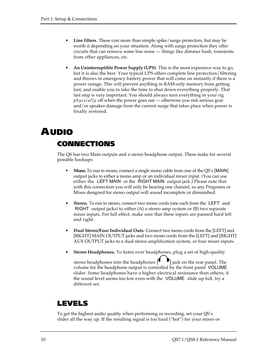 Udio, Connections, Levels | ALESIS QS8.1 User Manual | Page 10 / 188