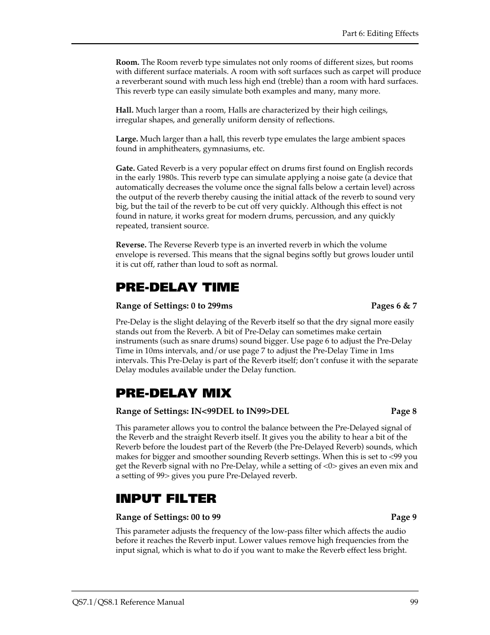 Pre-delay time, Pre-delay mix, Input filter | ALESIS QS8.1 User Manual | Page 105 / 188