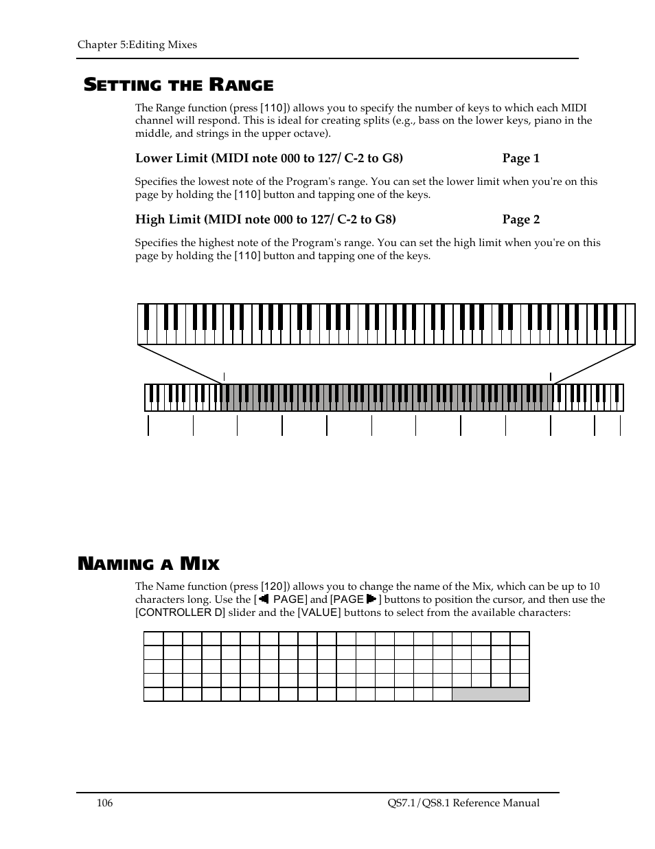 Qs8.1 keyboard range, Program sound range, Etting the | Ange, Aming a | ALESIS QS8.1 User Manual | Page 118 / 188