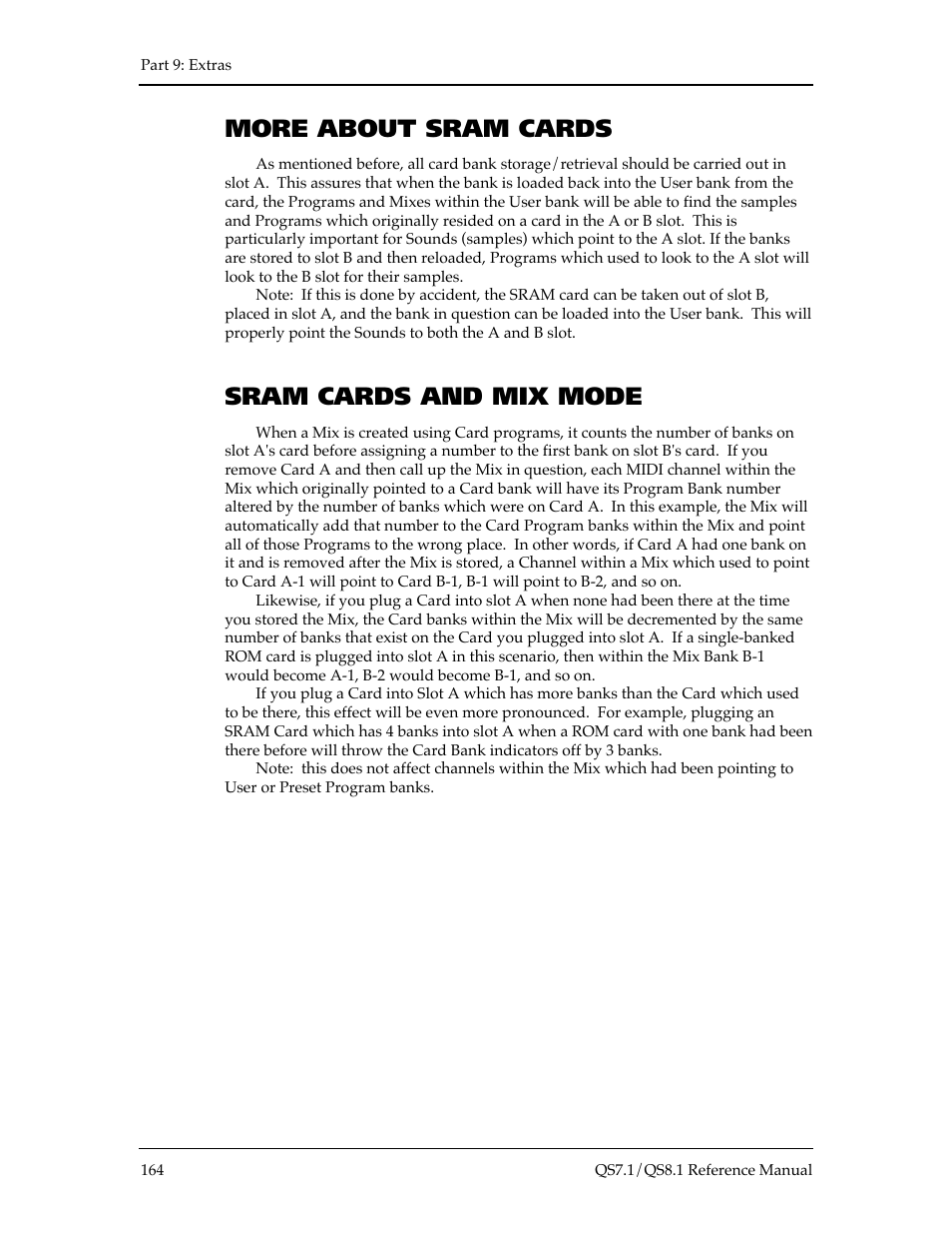 More about sram cards, Sram cards and mix mode | ALESIS QS8.1 User Manual | Page 178 / 188