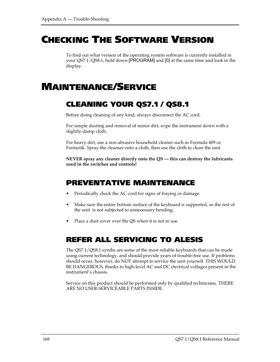 Hecking, Oftware, Ersion | Aintenance, Ervice | ALESIS QS8.1 User Manual | Page 182 / 188