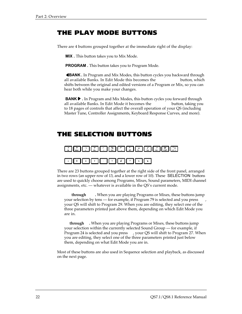 The play mode buttons, The selection buttons | ALESIS QS8.1 User Manual | Page 23 / 188