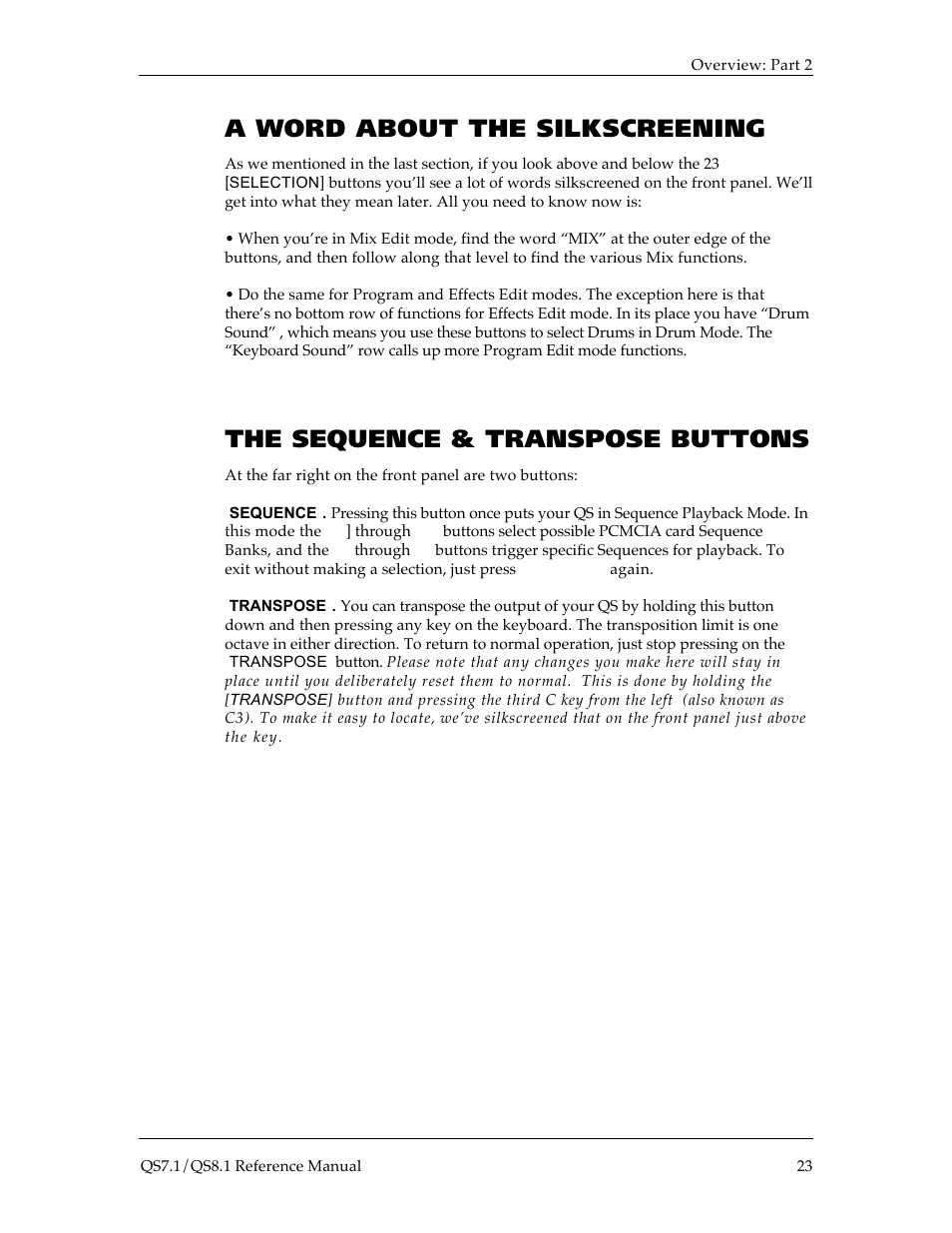 A word about the silkscreening, The sequence & transpose buttons | ALESIS QS8.1 User Manual | Page 24 / 188