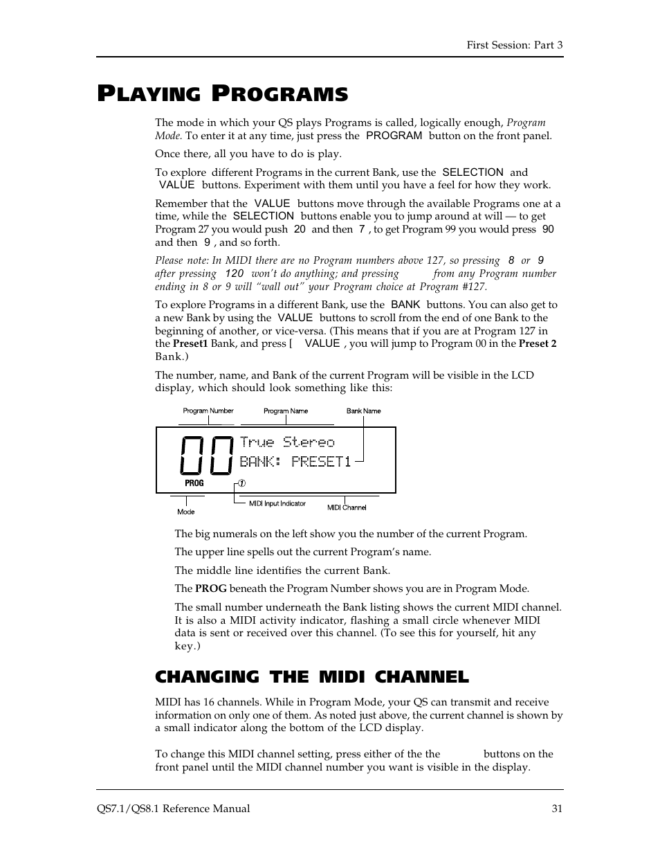 Laying, Rograms, Changing the midi channel | ALESIS QS8.1 User Manual | Page 33 / 188