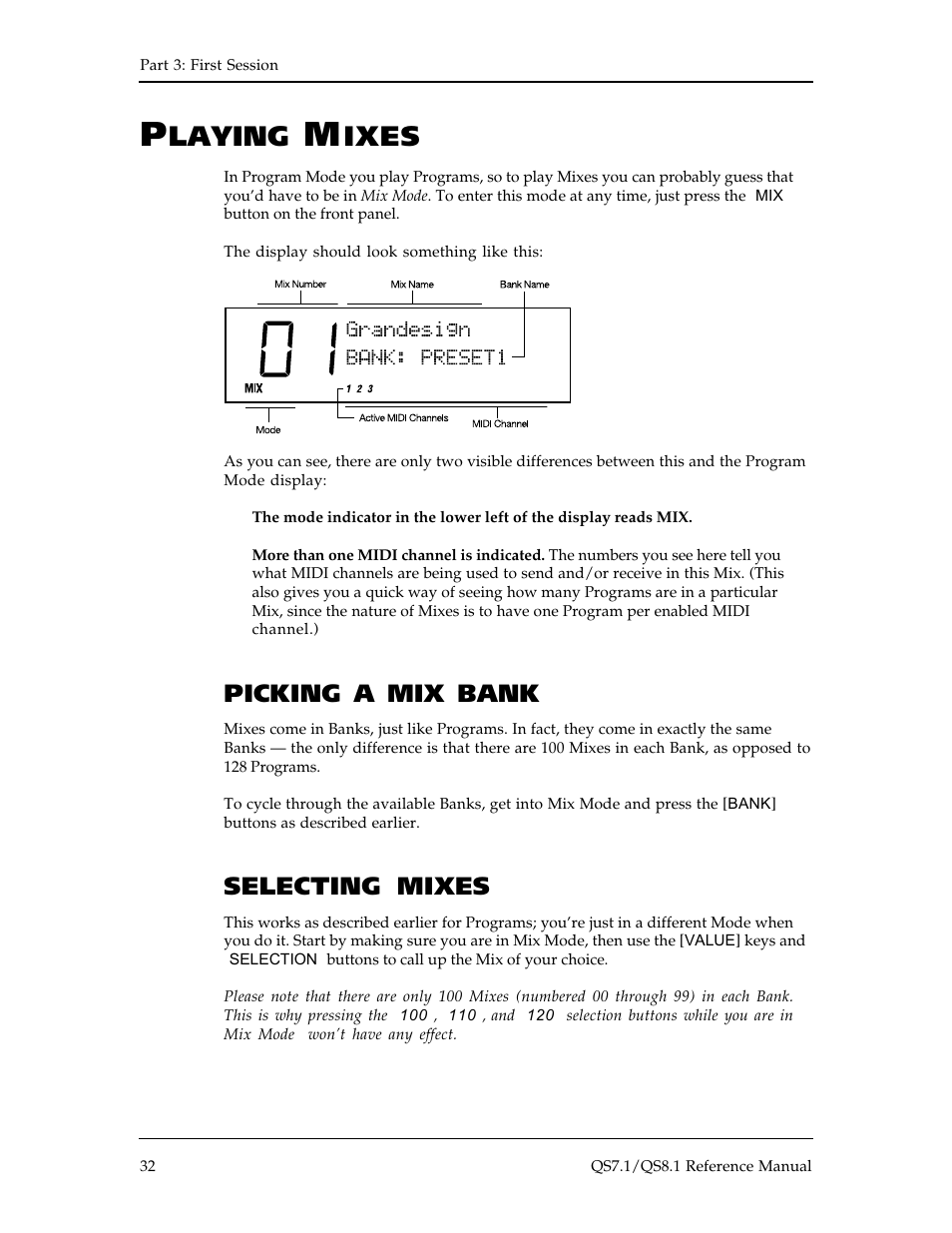 Laying, Ixes, Picking a mix bank | Selecting mixes | ALESIS QS8.1 User Manual | Page 34 / 188