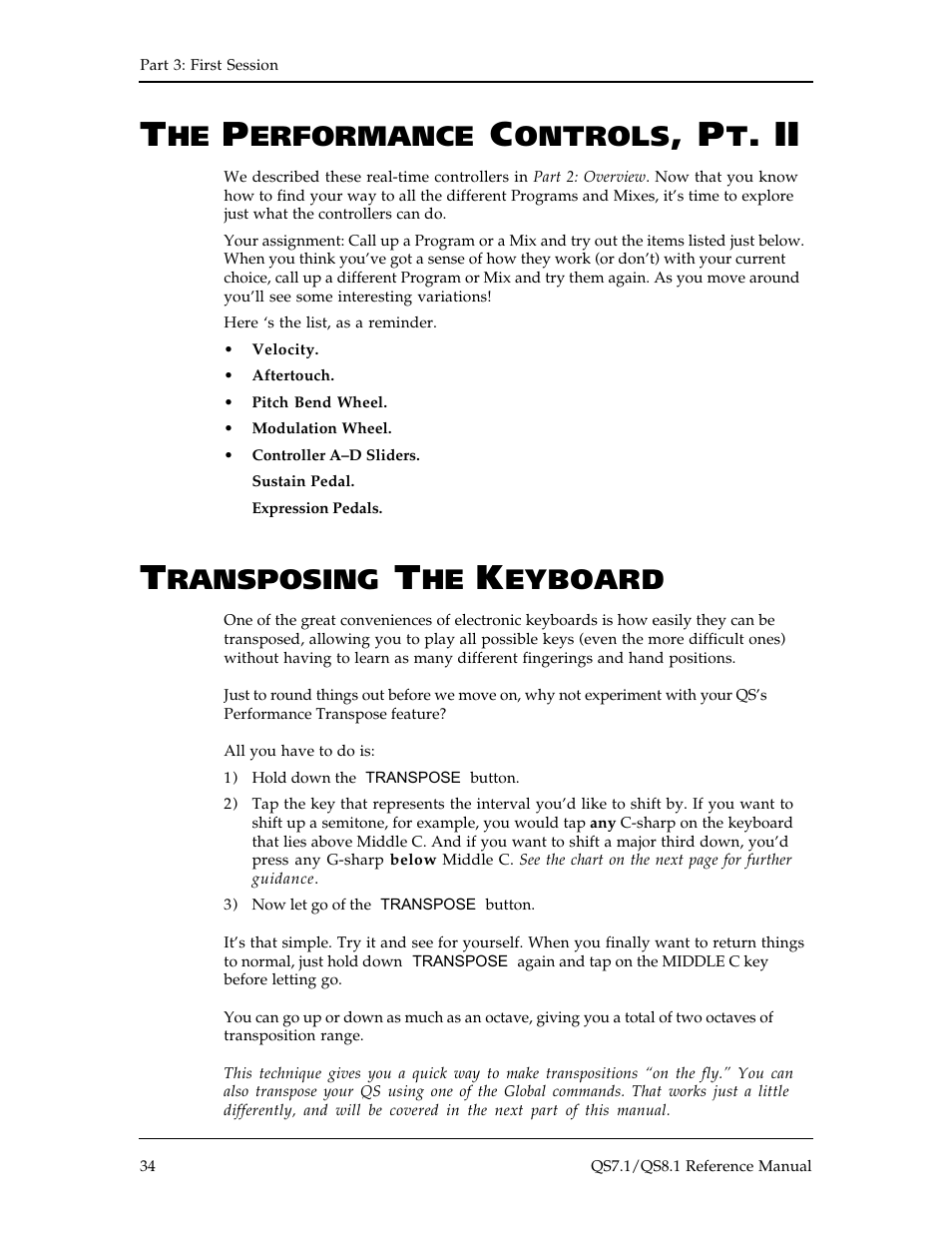 Erformance, Ontrols, Ransposing | Eyboard | ALESIS QS8.1 User Manual | Page 36 / 188