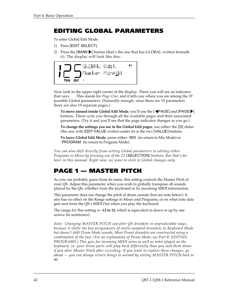 Editing global parameters, Page 1 — master pitch | ALESIS QS8.1 User Manual | Page 45 / 188