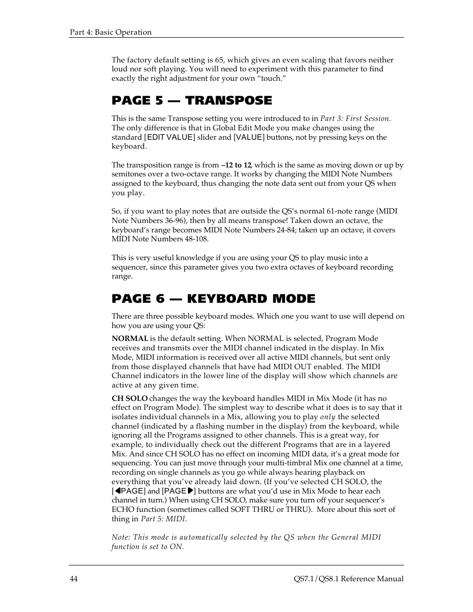 Page 5 — transpose, Page 6 — keyboard mode | ALESIS QS8.1 User Manual | Page 47 / 188