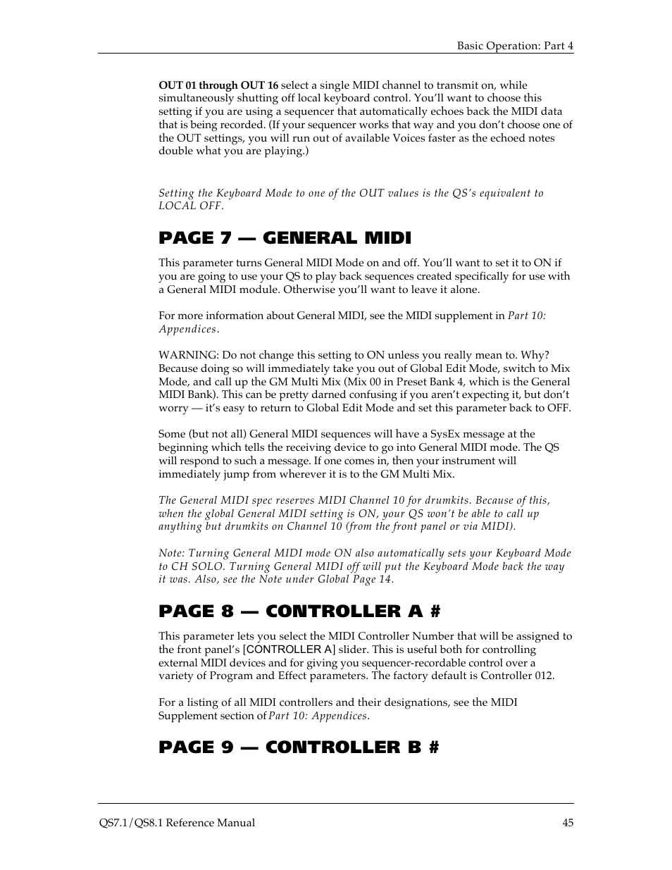 Page 7 — general midi, Page 8 — controller a, Page 9 — controller b | ALESIS QS8.1 User Manual | Page 48 / 188