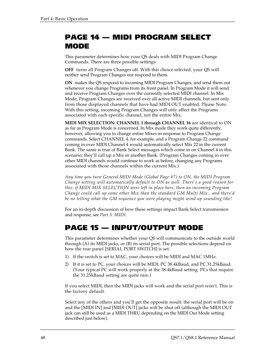 Page 14 — midi program select mode, Page 15 — input/output mode | ALESIS QS8.1 User Manual | Page 51 / 188