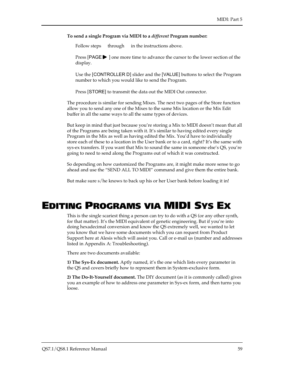 Midi s, Diting, Rograms via | ALESIS QS8.1 User Manual | Page 65 / 188