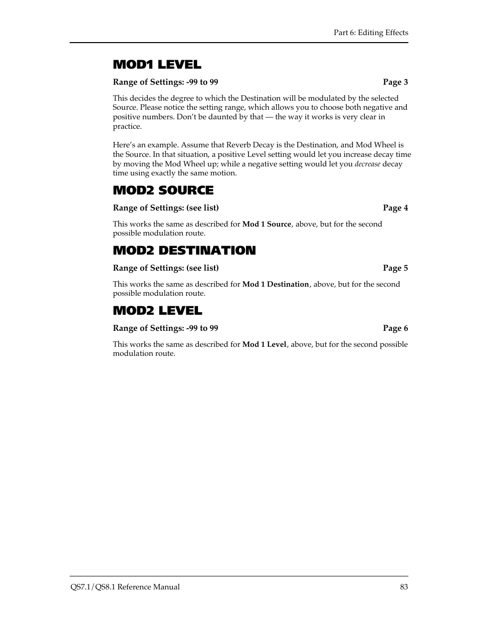 Mod1 level, Mod2 source, Mod2 destination | Mod2 level | ALESIS QS8.1 User Manual | Page 89 / 188