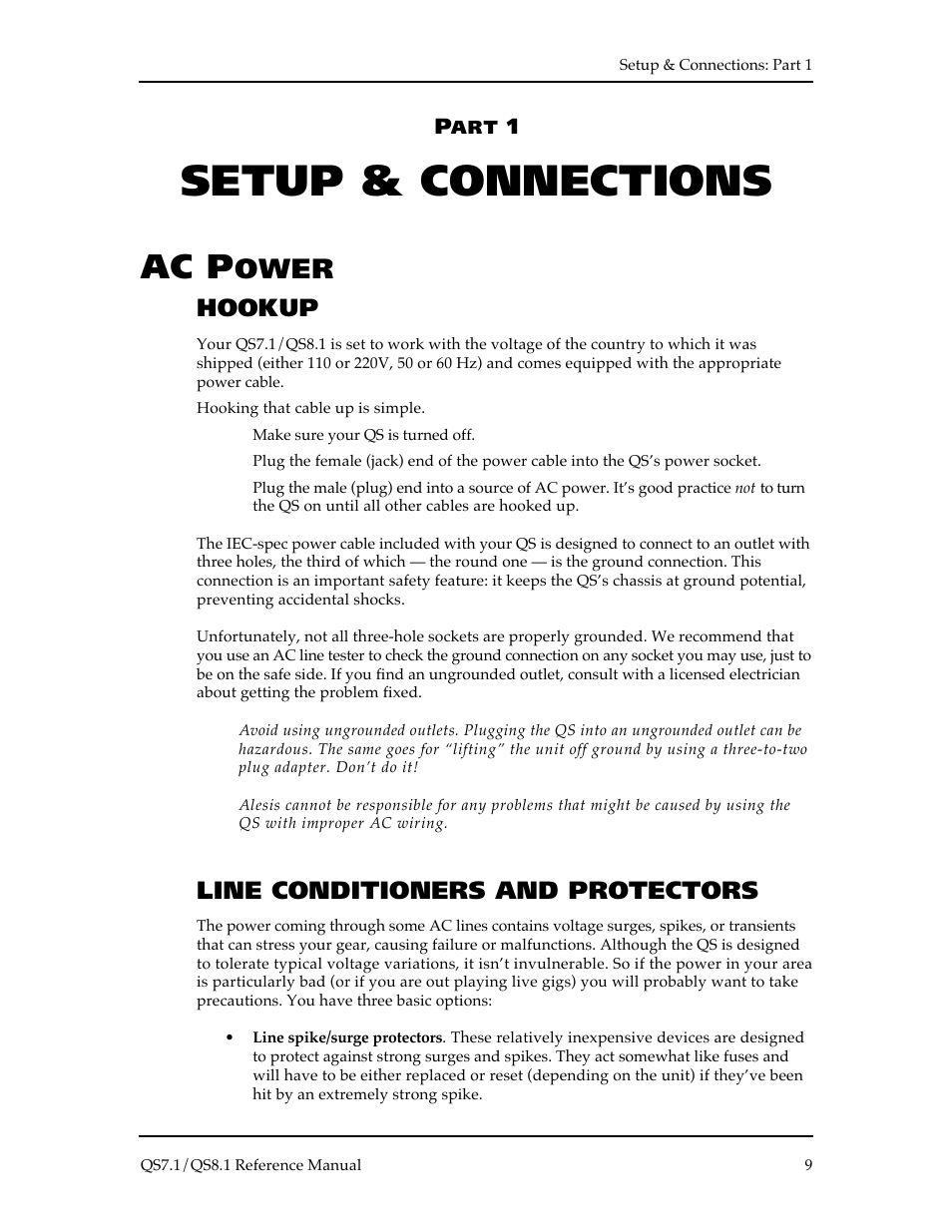 Setup & connections, Ac p, Ower | Hookup, Line conditioners and protectors | ALESIS QS8.1 User Manual | Page 9 / 188