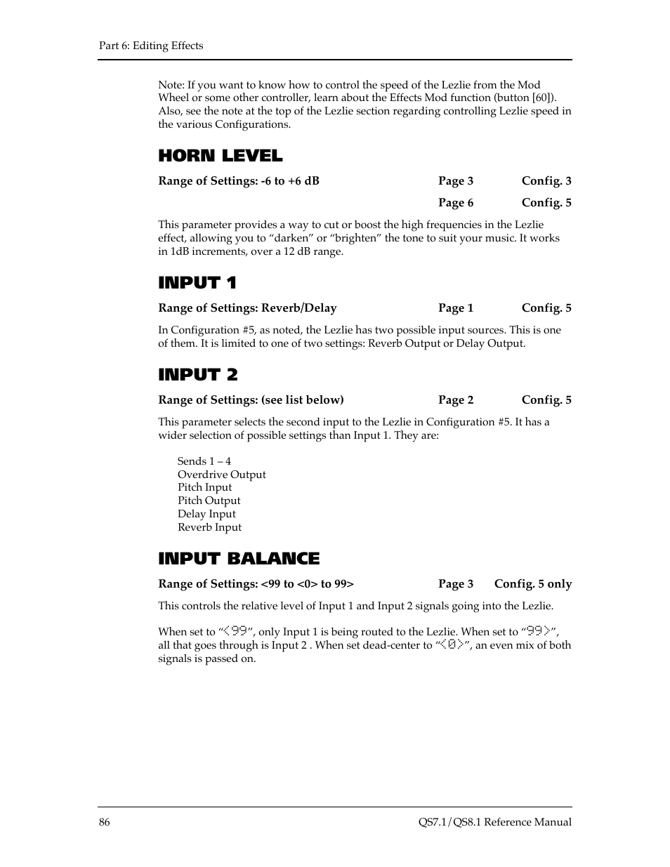 Horn level, Input 1, Input 2 | Input balance | ALESIS QS8.1 User Manual | Page 92 / 188