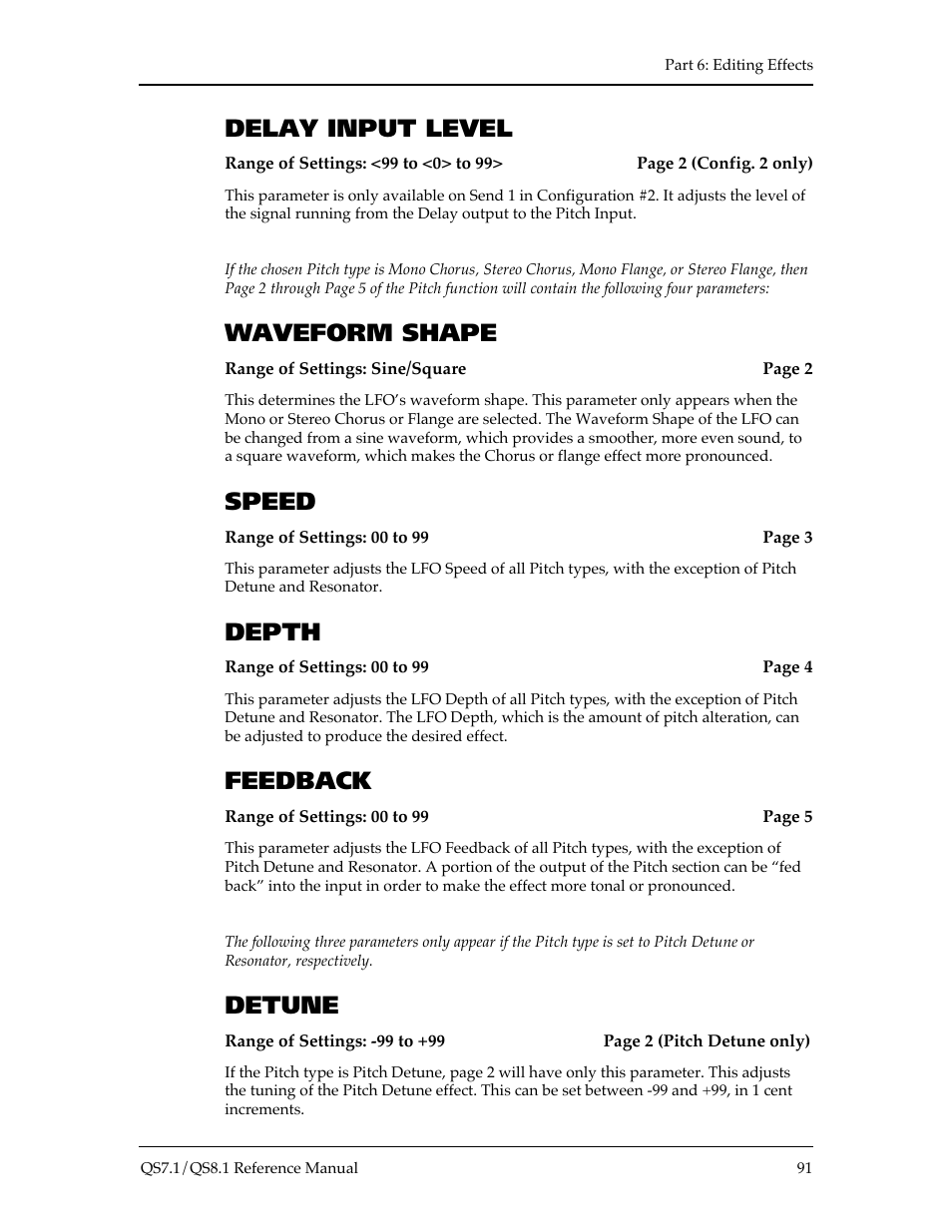 Delay input level, Waveform shape, Speed | Depth, Feedback, Detune | ALESIS QS8.1 User Manual | Page 97 / 188