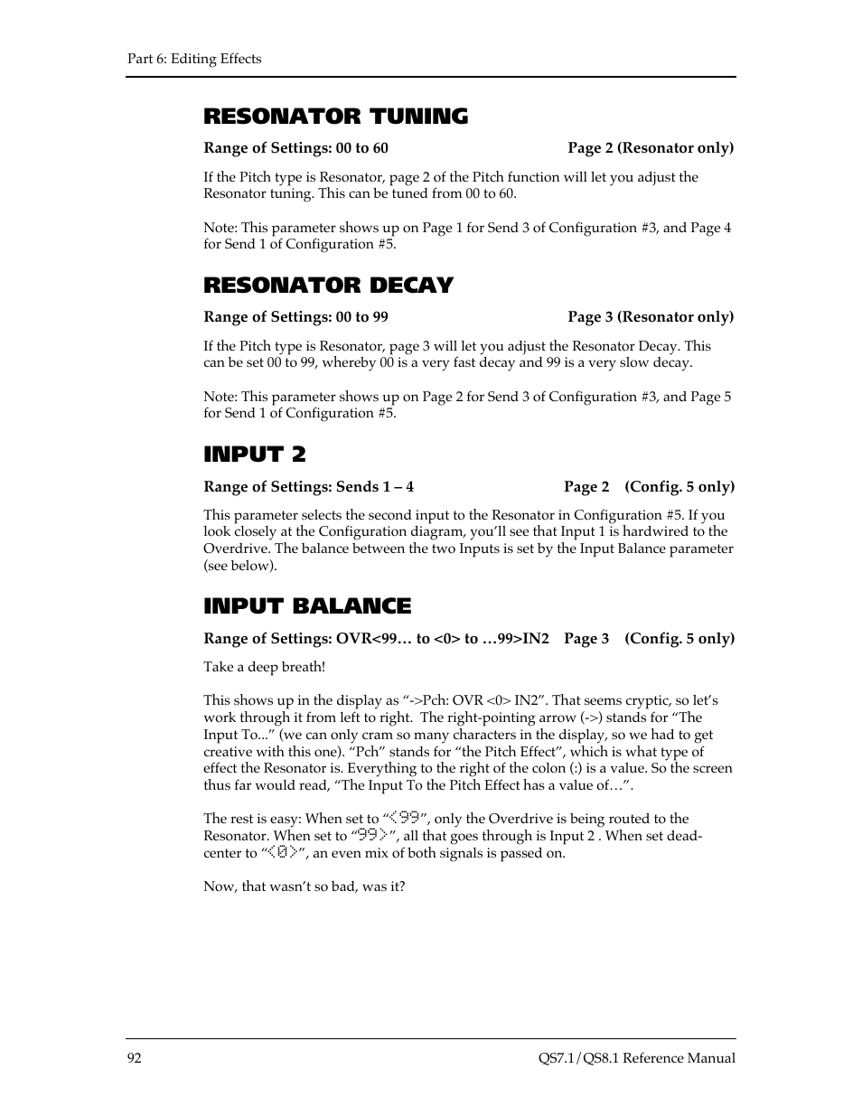 Resonator tuning, Resonator decay, Input 2 | Input balance | ALESIS QS8.1 User Manual | Page 98 / 188