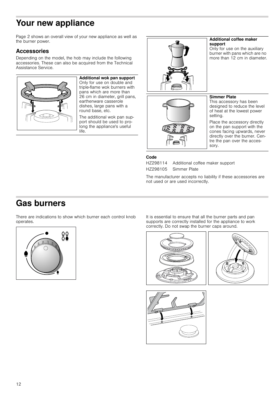 Your new appliance, Accessories, Code | Gas burners, Accessories gas burners | Siemens ER726RB71E User Manual | Page 12 / 59