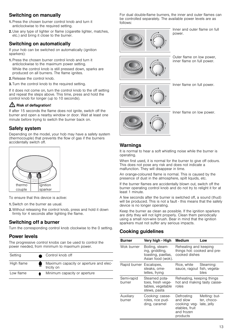 Switching on manually, Switching on automatically, Release the control knob | Turn the control knob to the required setting, Risk of deflagration, Safety system, Switch on the burner as usual, Switching off a burner, Power levels, Warnings | Siemens ER726RB71E User Manual | Page 13 / 59