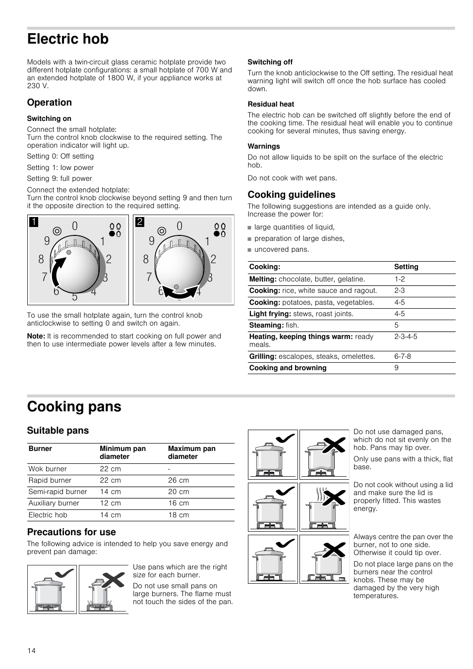 Electric hob, Operation, Switching on | Note, Switching off, Residual heat, Warnings, Cooking guidelines, Cooking pans, Suitable pans | Siemens ER726RB71E User Manual | Page 14 / 59