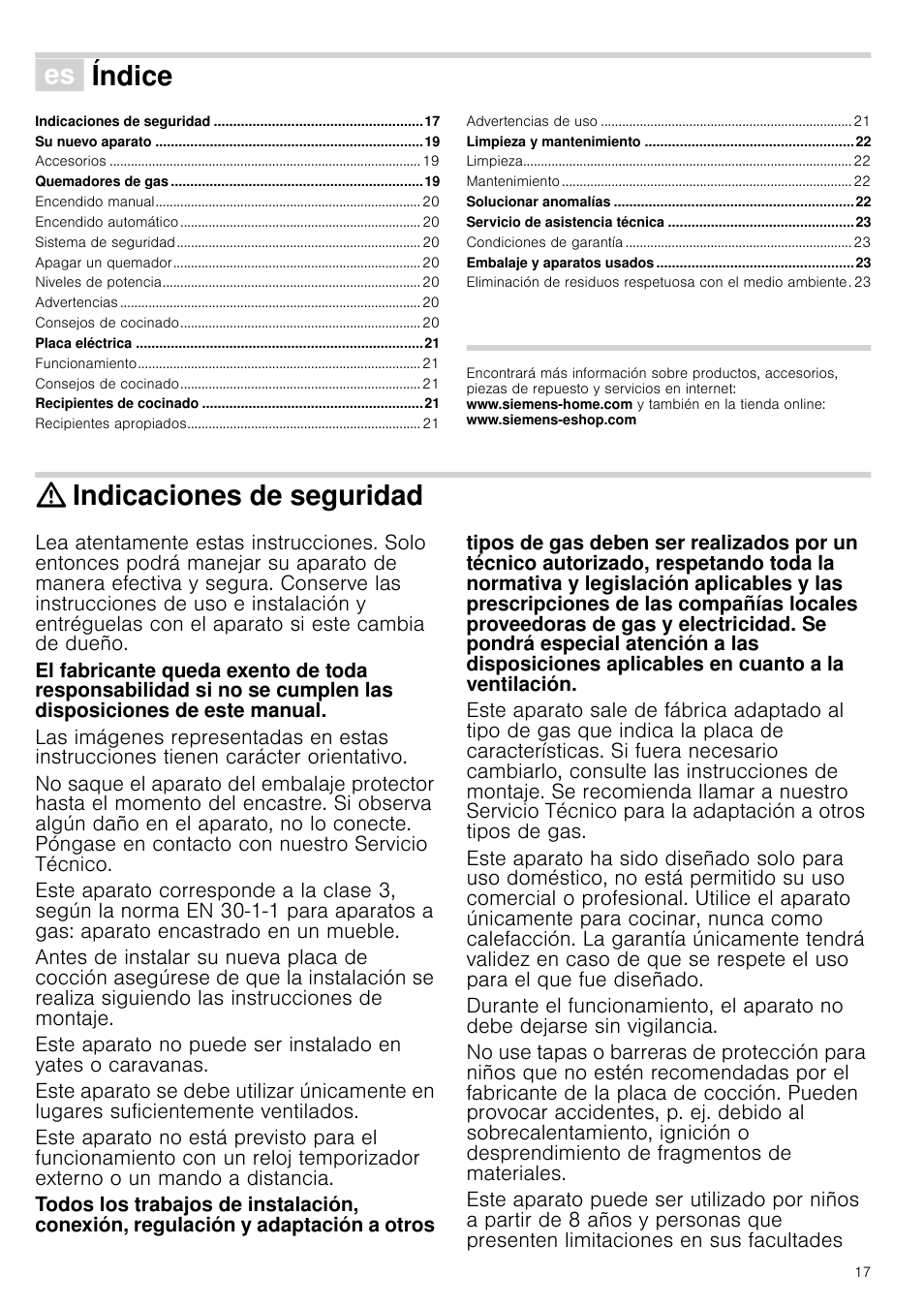 Û índice[es] instrucciones de uso, Indicaciones de seguridad, Índice | Siemens ER726RB71E User Manual | Page 17 / 59