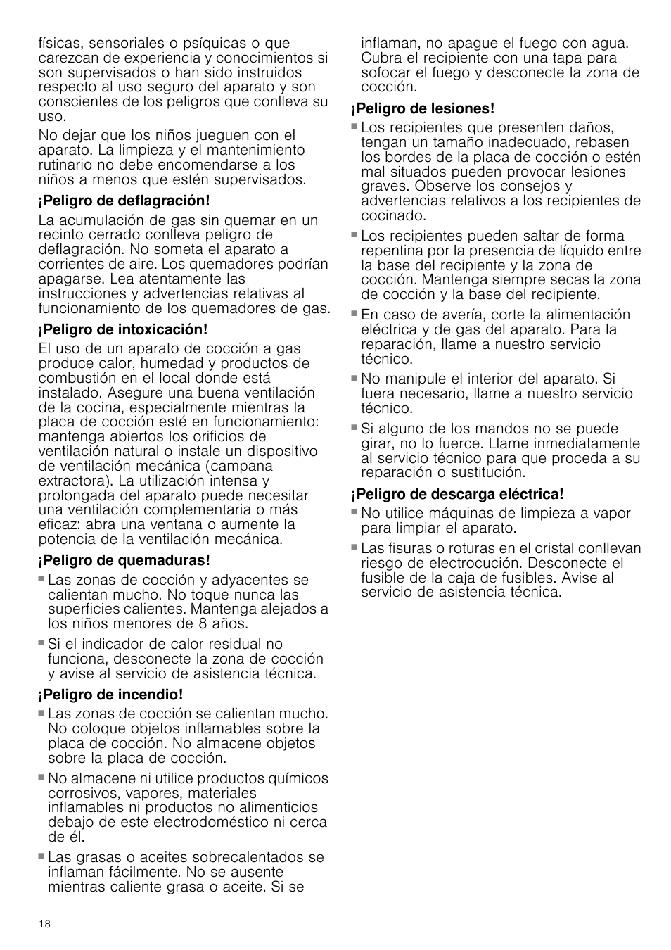 Peligro de deflagración, Peligro de intoxicación, Peligro de quemaduras | Peligro de incendio, Peligro de lesiones, Peligro de descarga eléctrica | Siemens ER726RB71E User Manual | Page 18 / 59