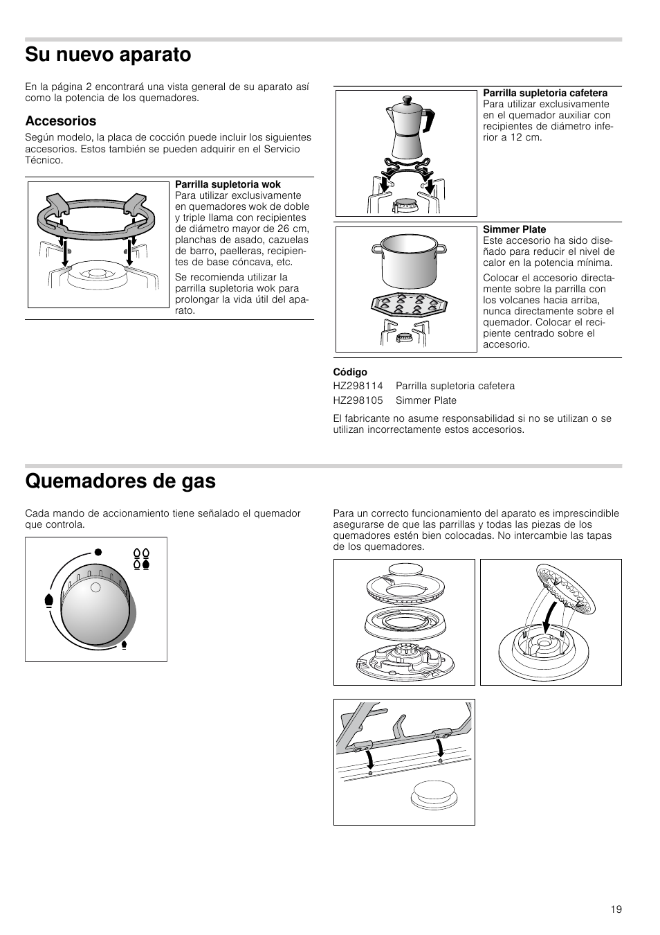 Su nuevo aparato, Accesorios, Código | Quemadores de gas | Siemens ER726RB71E User Manual | Page 19 / 59
