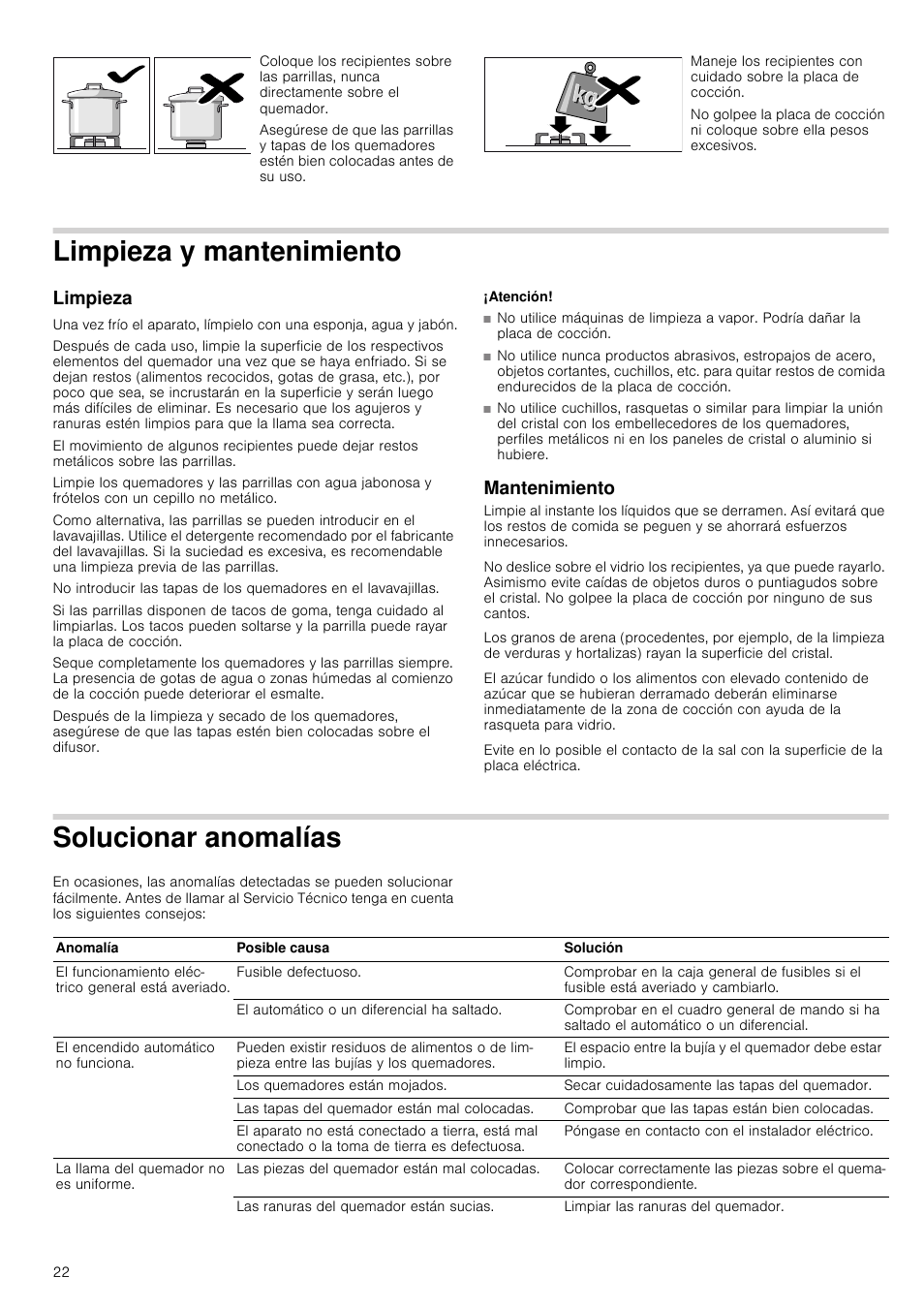 Limpieza y mantenimiento, Limpieza, Atención | Mantenimiento, Solucionar anomalías, O limpieza | Siemens ER726RB71E User Manual | Page 22 / 59