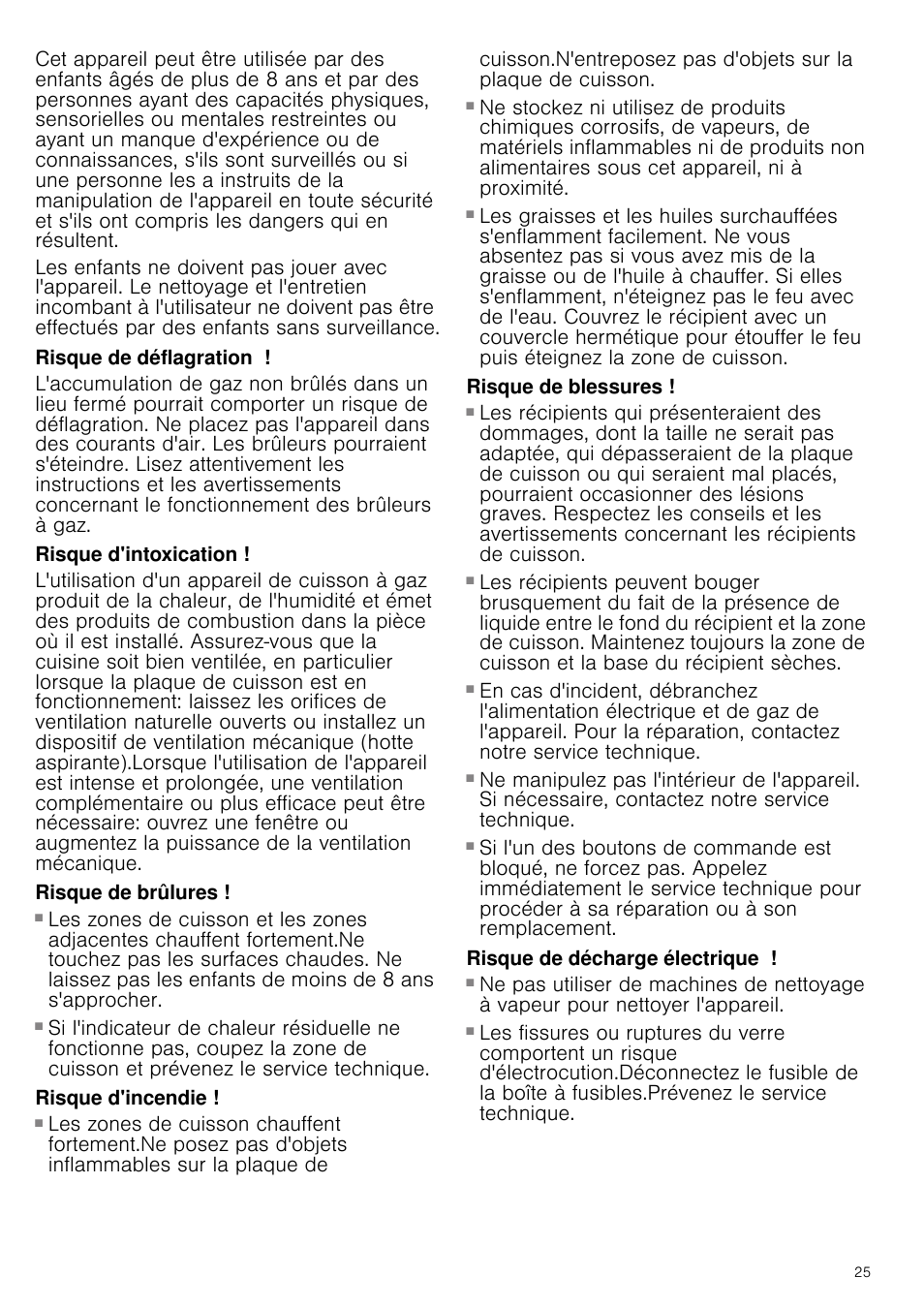 Risque de déflagration, Risque d'intoxication, Risque de brûlures | Risque d'incendie, Risque de blessures, Risque de décharge électrique | Siemens ER726RB71E User Manual | Page 25 / 59