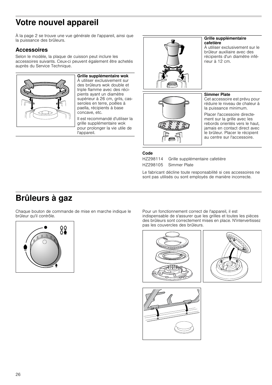 Votre nouvel appareil, Accessoires, Code | Brûleurs à gaz, El appareil accessoires brûleurs à gaz | Siemens ER726RB71E User Manual | Page 26 / 59