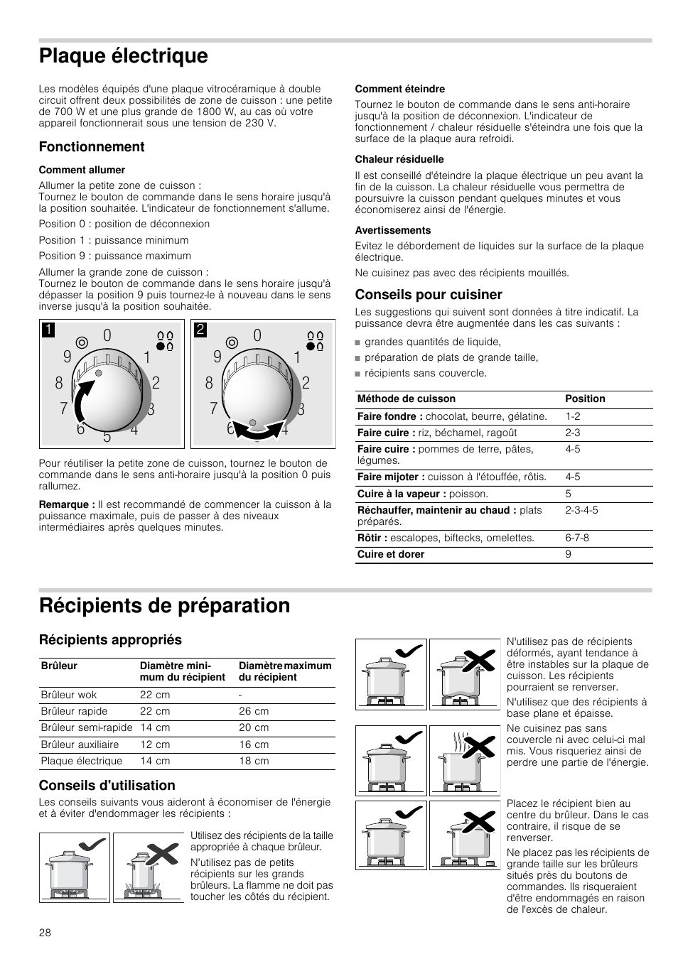 Plaque électrique, Fonctionnement, Comment allumer | Remarque, Comment éteindre, Chaleur résiduelle, Avertissements, Conseils pour cuisiner, Récipients de préparation, Récipients appropriés | Siemens ER726RB71E User Manual | Page 28 / 59