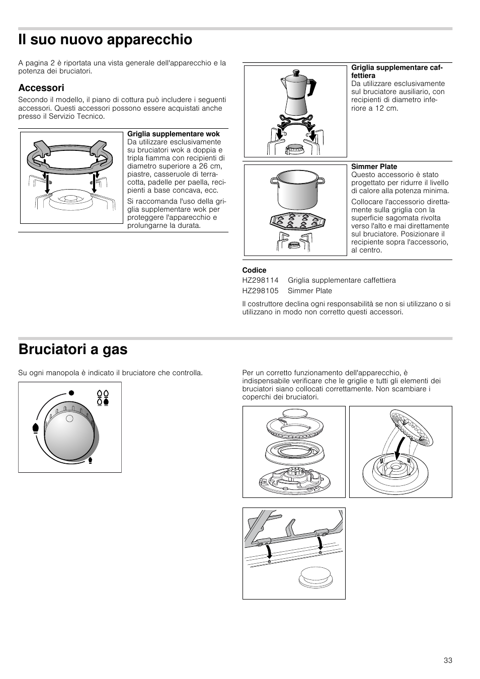 Il suo nuovo apparecchio, Accessori, Codice | Bruciatori a gas | Siemens ER726RB71E User Manual | Page 33 / 59