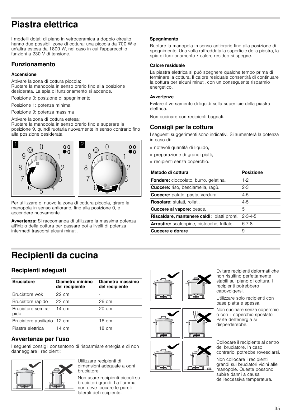 Piastra elettrica, Funzionamento, Accensione | Avvertenza, Spegnimento, Calore residuale, Avvertenze, Consigli per la cottura, Recipienti da cucina, Recipienti adeguati | Siemens ER726RB71E User Manual | Page 35 / 59