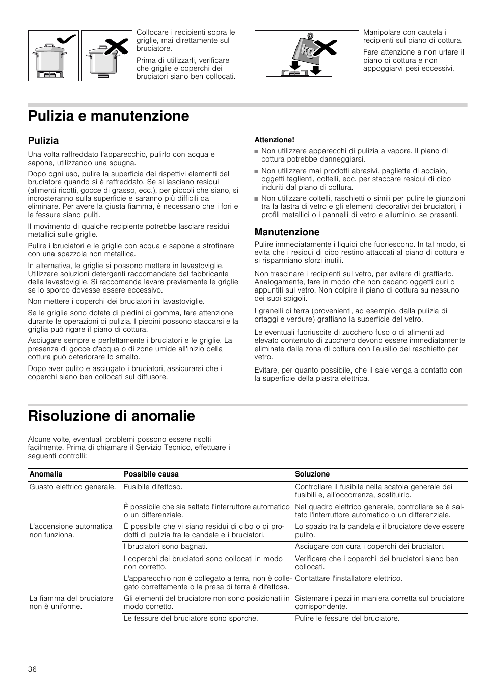 Pulizia e manutenzione, Pulizia, Attenzione | Manutenzione, Risoluzione di anomalie | Siemens ER726RB71E User Manual | Page 36 / 59