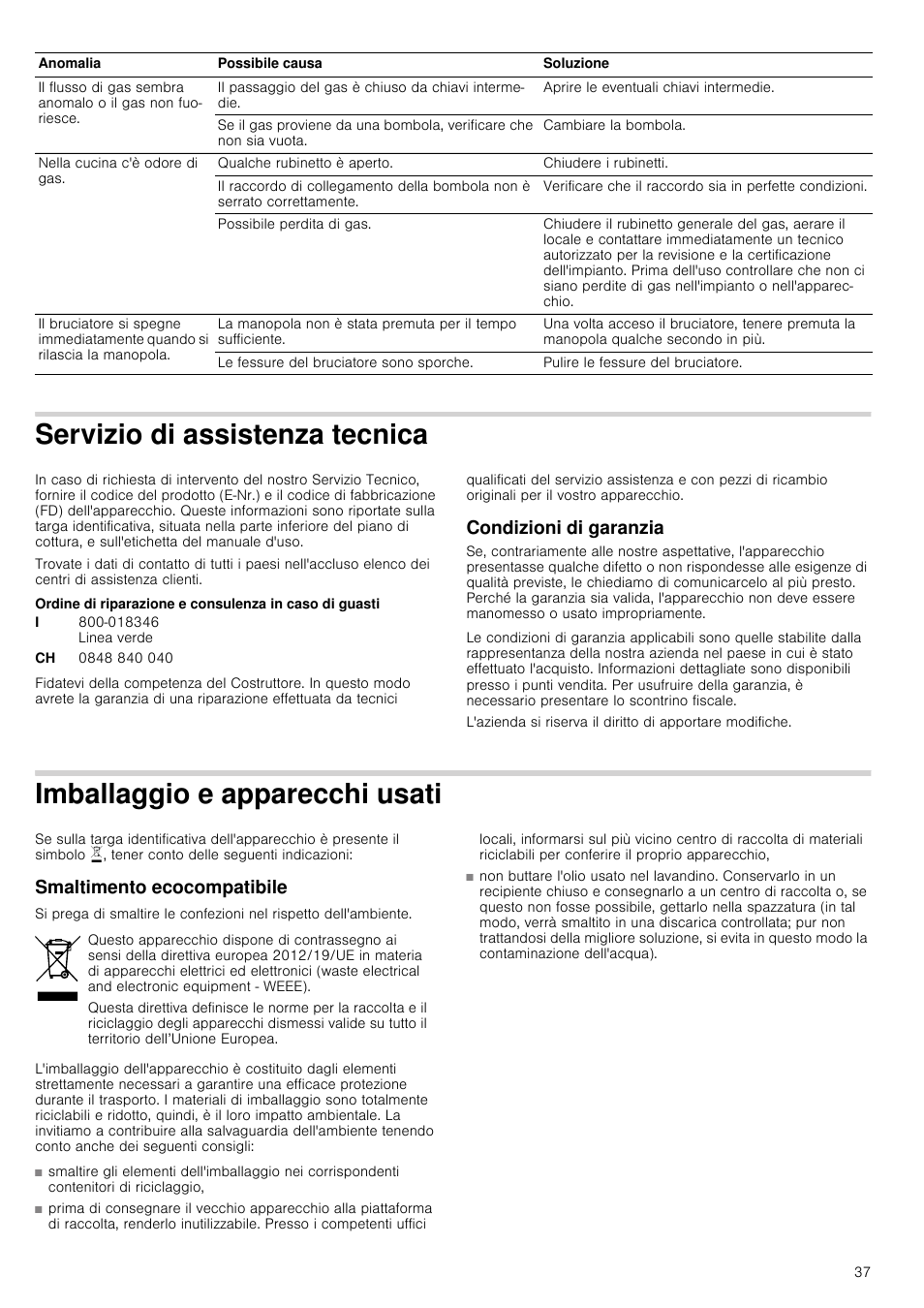 Servizio di assistenza tecnica, Condizioni di garanzia, Imballaggio e apparecchi usati | Smaltimento ecocompatibile | Siemens ER726RB71E User Manual | Page 37 / 59