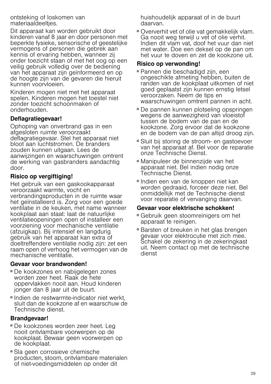 Deflagratiegevaar, Risico op vergiftiging, Gevaar voor brandwonden | Brandgevaar, Risico op verwonding, Gevaar voor elektrische schokken | Siemens ER726RB71E User Manual | Page 39 / 59
