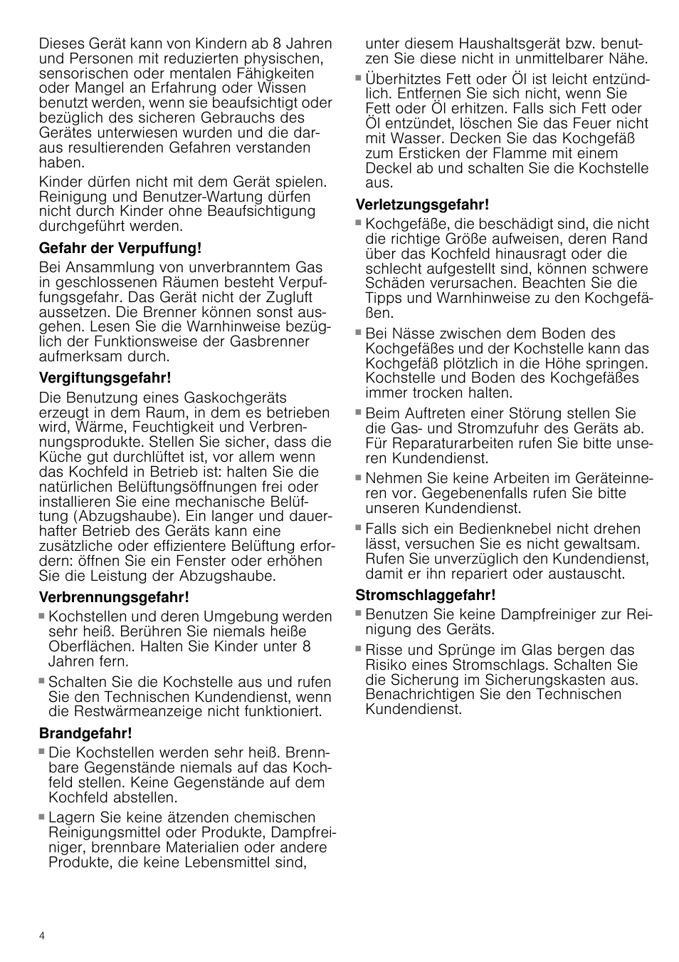 Gefahr der verpuffung, Vergiftungsgefahr, Verbrennungsgefahr | Brandgefahr, Verletzungsgefahr, Stromschlaggefahr | Siemens ER726RB71E User Manual | Page 4 / 59