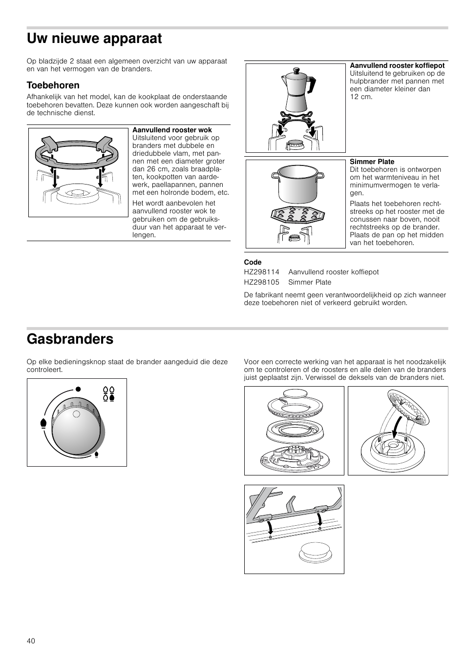 Uw nieuwe apparaat, Toebehoren, Code | Gasbranders | Siemens ER726RB71E User Manual | Page 40 / 59