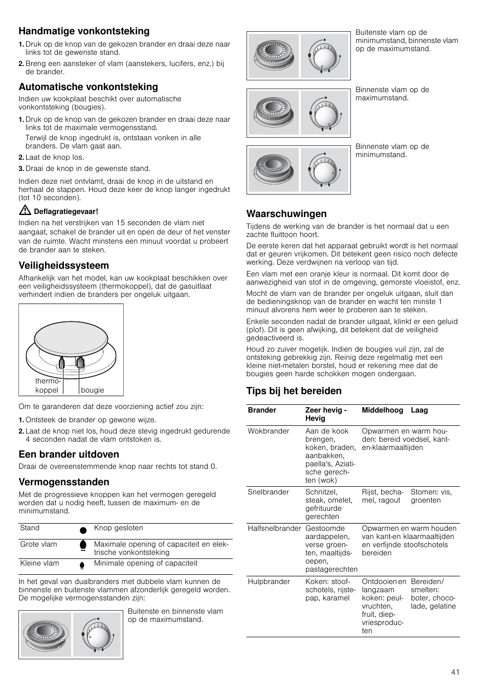 Handmatige vonkontsteking, Automatische vonkontsteking, Laat de knop los | Draai de knop in de gewenste stand, Deflagratiegevaar, Veiligheidssysteem, Ontsteek de brander op gewone wijze, Een brander uitdoven, Vermogensstanden, Waarschuwingen | Siemens ER726RB71E User Manual | Page 41 / 59