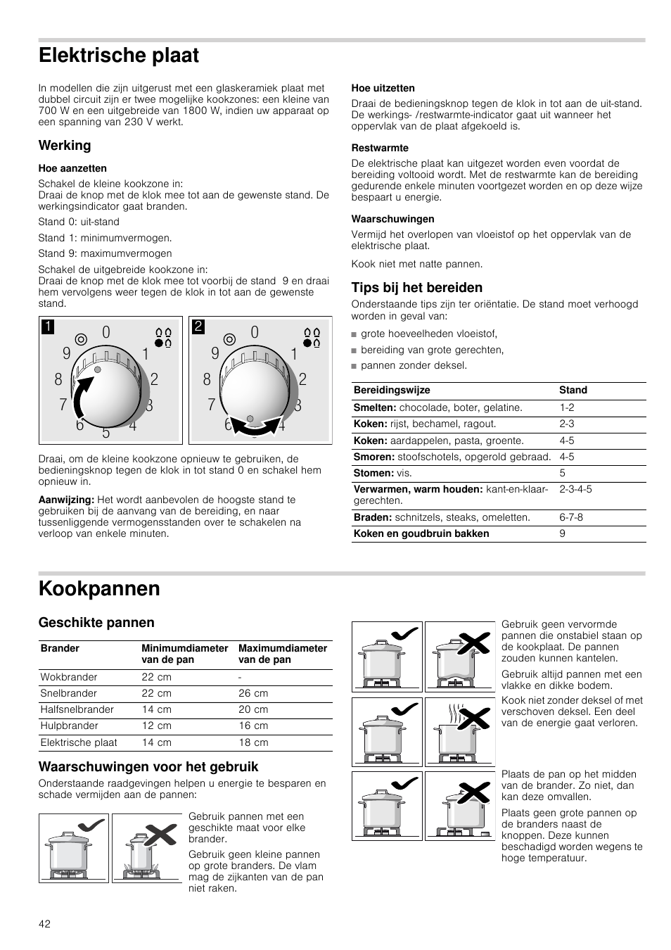 Elektrische plaat, Werking, Hoe aanzetten | Aanwijzing, Hoe uitzetten, Restwarmte, Waarschuwingen, Tips bij het bereiden, Kookpannen, Geschikte pannen | Siemens ER726RB71E User Manual | Page 42 / 59