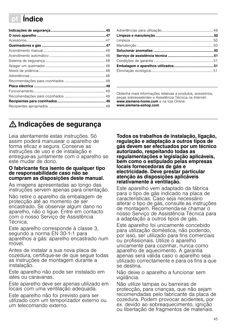 Ì índice[pt] instruções de serviço, Indicações de segurança, Não deixe o aparelho a funcionar sem vigilância | Qvwuxo}hvghvhuylor, Índice | Siemens ER726RB71E User Manual | Page 45 / 59