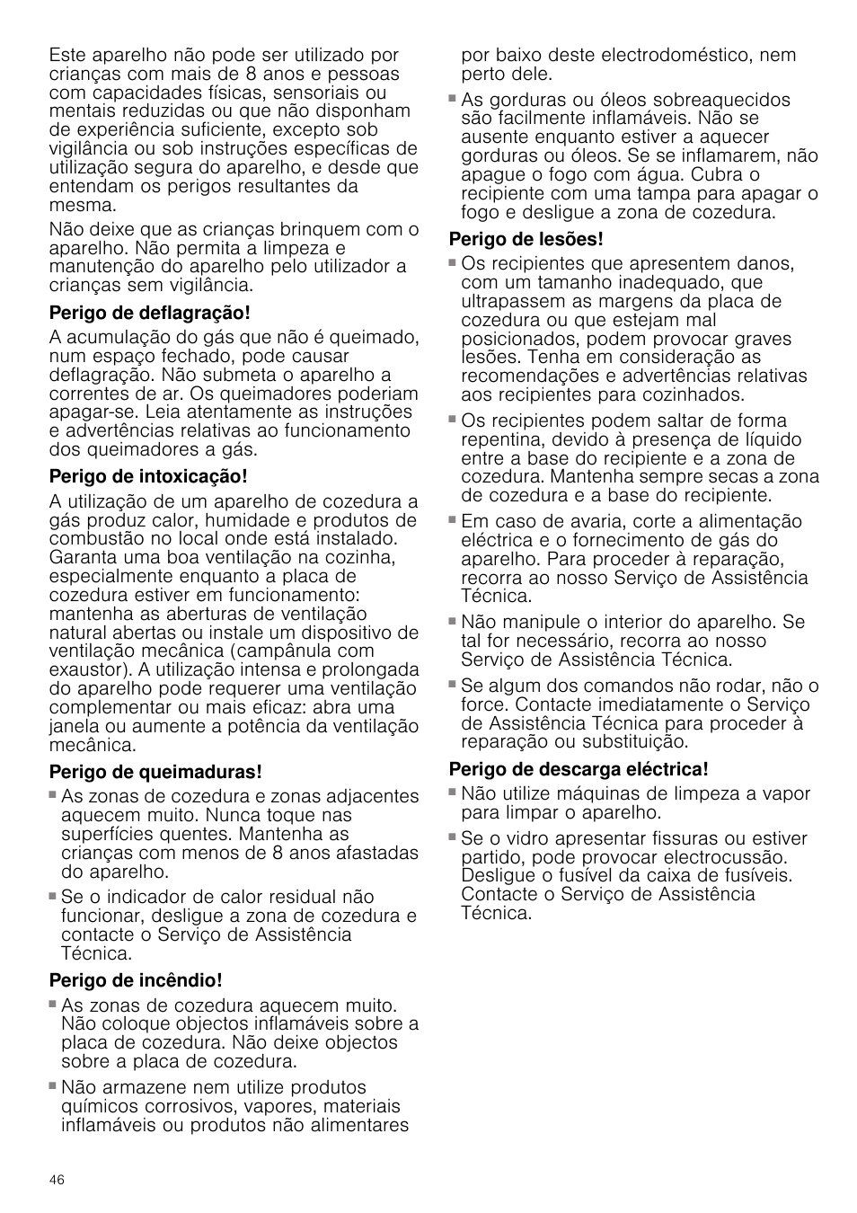 Perigo de deflagração, Perigo de intoxicação, Perigo de queimaduras | Perigo de incêndio, Perigo de lesões, Perigo de descarga eléctrica | Siemens ER726RB71E User Manual | Page 46 / 59