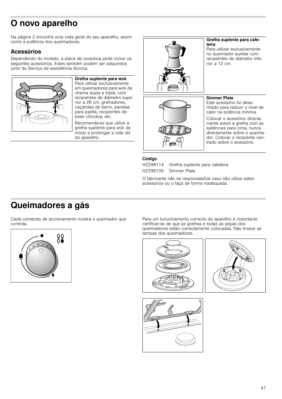 O novo aparelho, Acessórios, Código | Queimadores a gás, Elho acessórios | Siemens ER726RB71E User Manual | Page 47 / 59