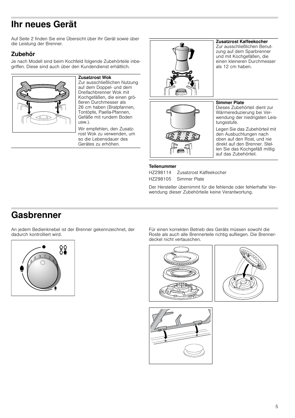 Ihr neues gerät, Zubehör, Teilenummer | Gasbrenner, Zubehör gasbrenner | Siemens ER726RB71E User Manual | Page 5 / 59