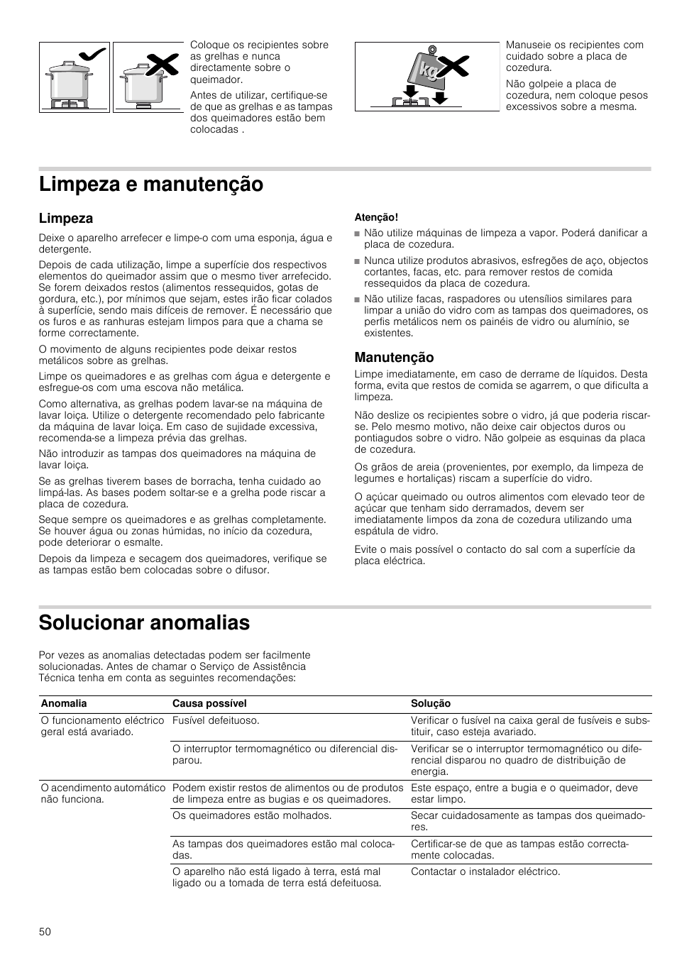 Limpeza e manutenção, Limpeza, Atenção | Manutenção, Solucionar anomalias | Siemens ER726RB71E User Manual | Page 50 / 59